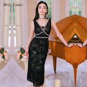 Misi.Camii2024春夏新款 礼服连衣裙 交叉钻链钉珠长款 女装 名媛修身