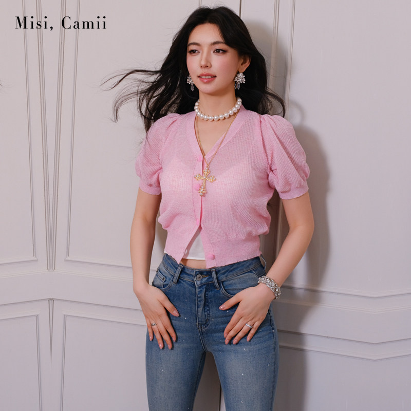 Misi.Camii绒爱心扣泡泡袖针织衫