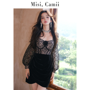 Misi,Camii秋季玫瑰抹胸收腰抽褶方领时尚长袖名媛时尚气质连衣裙