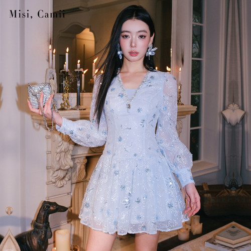 Misi,Camii名媛A字裙珠片V领
