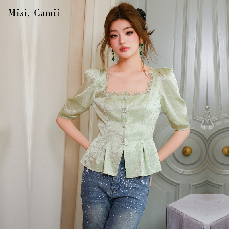 Misi.Camii2025夏季新款女装烫钻缎面方领中袖上衣牛仔裤时尚套装