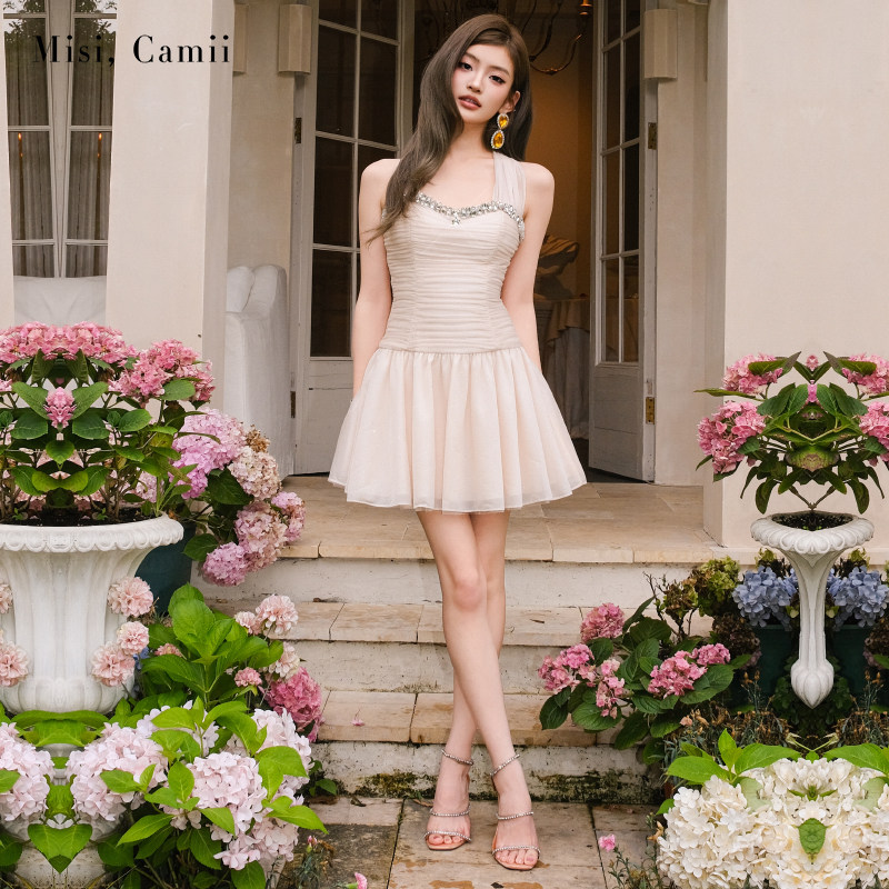 Misi.Camii2025年春夏新款女装钻饰烫银飘带小礼服原创高定连衣裙