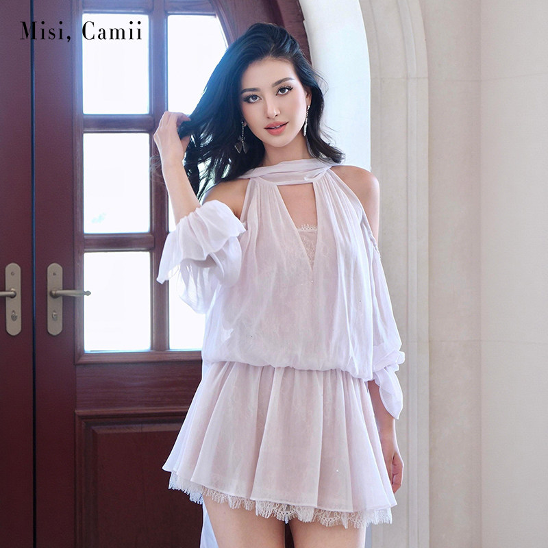 Misi.Camii2026早秋新款女装烫粉蕾丝底长袖连衣裙高级感出片漂亮