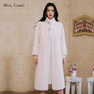 Misi.Camii2024秋冬新款女装方钻立领环保毛大衣长款外套时尚百搭