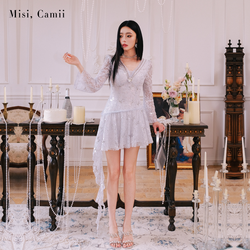 Misi.Camii女士V领珠片纱鱼尾裙