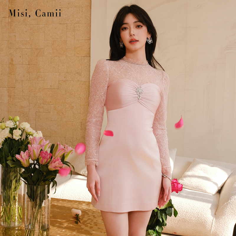 Misi.Camii钻饰蕾丝拼缎面连衣裙