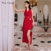 Misi.Camii2024早秋新款 女装 钻玫瑰荡领抽褶礼服裙宴会晚会连衣裙