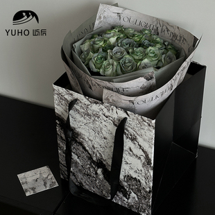 屿后 原创大理石纹理手提袋鲜花花束包装手拎袋花店礼品袋2个/包