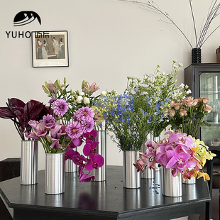 屿后 直筒铝桶鲜花养花不锈钢花桶花店插花桌面花瓶摆件花艺材料