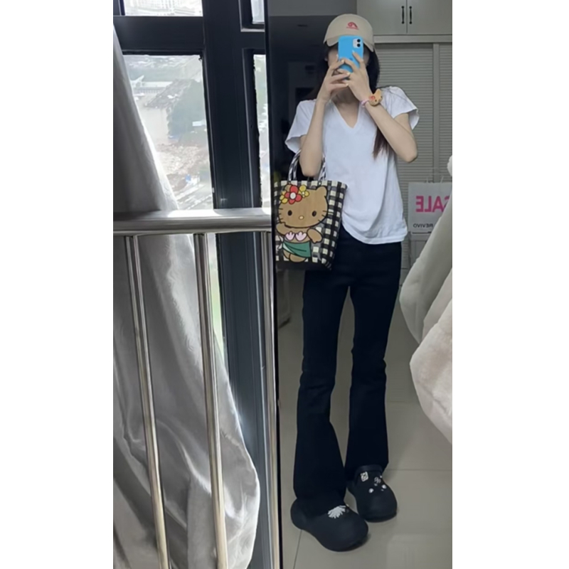 黑色微喇叭牛仔裤女小个子夏天薄款高腰显瘦显高修身弹力休闲裤子