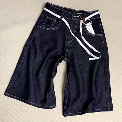 小个子深蓝色七分直筒阔腿牛仔裤