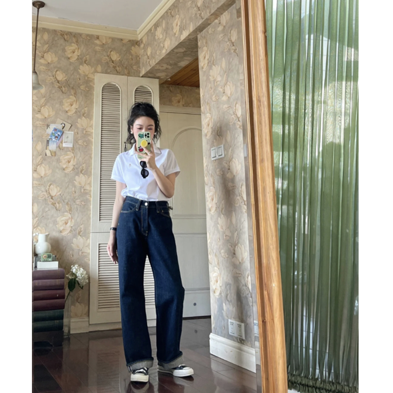 2024年夏季薄款藏蓝直筒牛仔裤女低腰显瘦宽松阔腿深色明线拖地裤