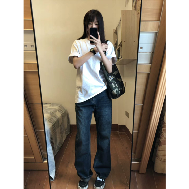 深蓝色直筒牛仔裤女高个子高腰显瘦宽松弹力加长版阔腿垂感休闲裤