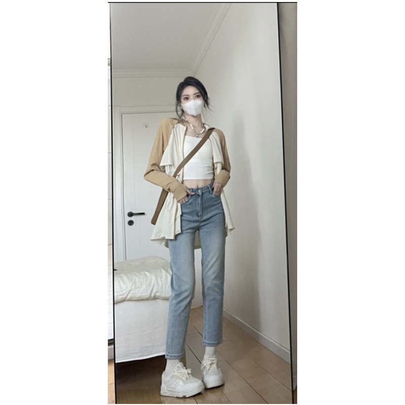 美式复古浅蓝色直筒牛仔裤女夏季薄款高腰显瘦烟管小脚九分裤子潮