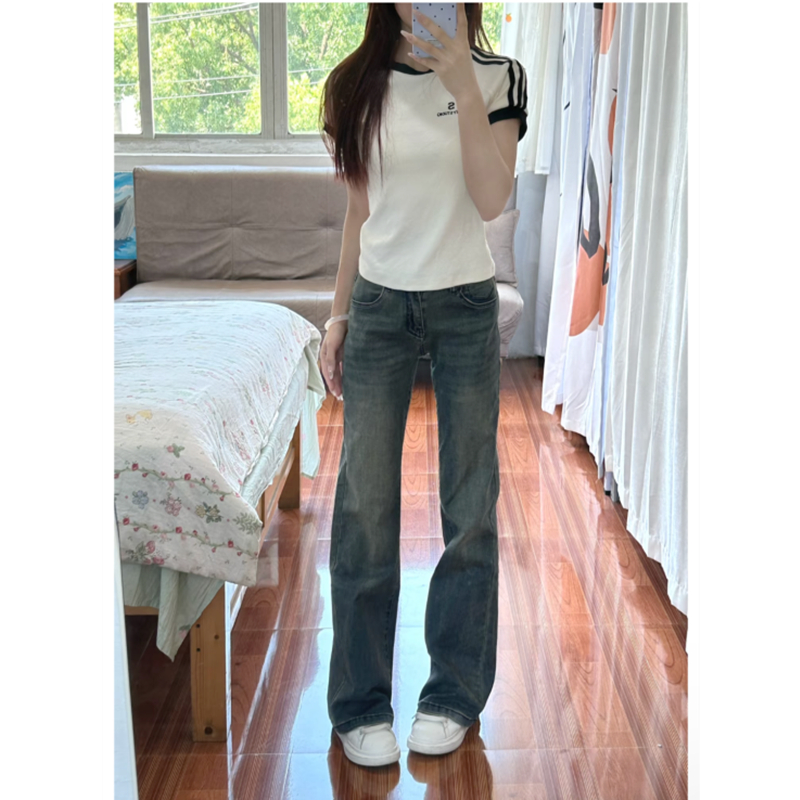 复古蓝色修身直筒牛仔裤女高个子高腰显瘦显高弹力窄版拖地加长裤