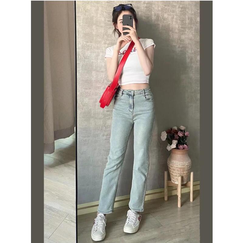 高个子浅蓝色九分牛仔裤女2022年夏季薄款新款韩版高腰直筒弹力裤
