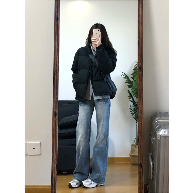 美式复古蓝色低腰垂感微喇叭牛仔裤女宽松不贴腿显瘦直筒拖地裤子