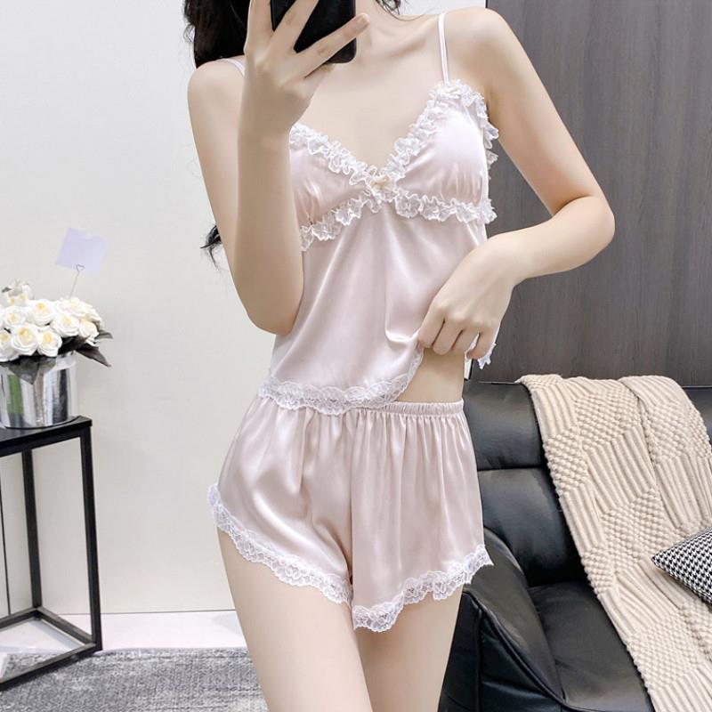 冰丝吊带短裤带胸垫薄款三件套性感睡衣女夏季显瘦气质家居服夏天