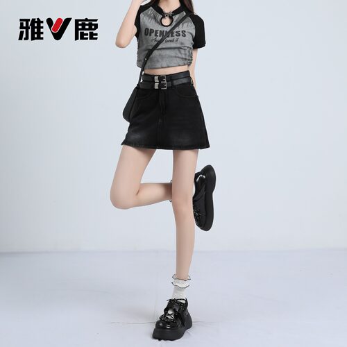 雅鹿美式黑灰色牛仔短裙女夏高腰防走光包臀a字半身裙YM