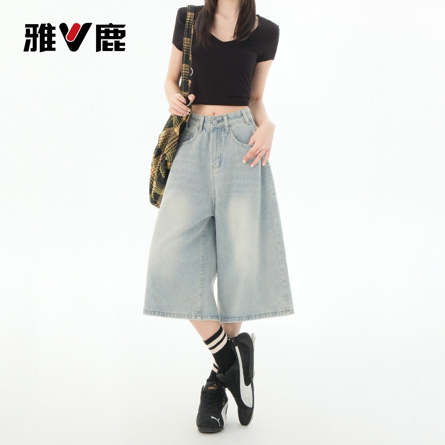 雅鹿浅色复古七分牛仔裤女2026新款夏季高腰美式高街阔腿中裤YM