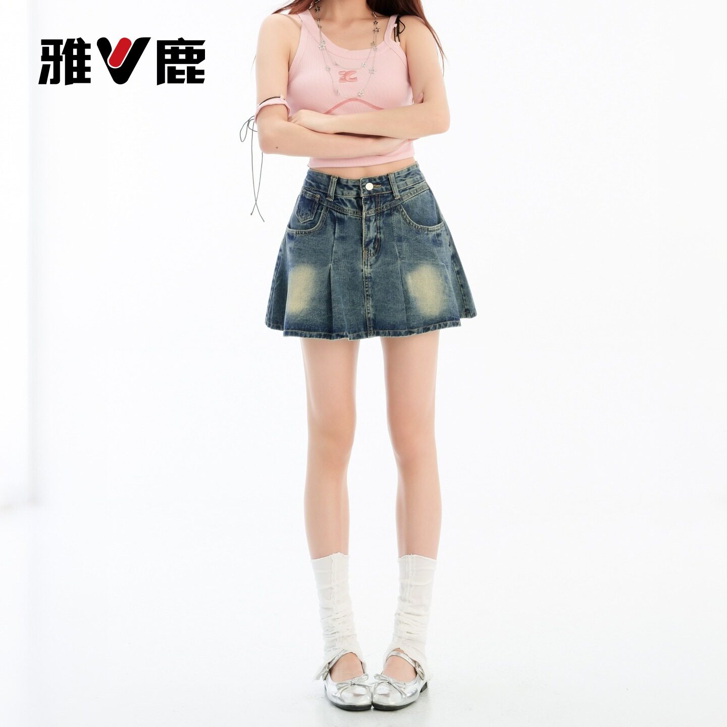 雅鹿美式复古百褶半身裙女2026新款夏季小个子高腰遮胯a字短裙Y
