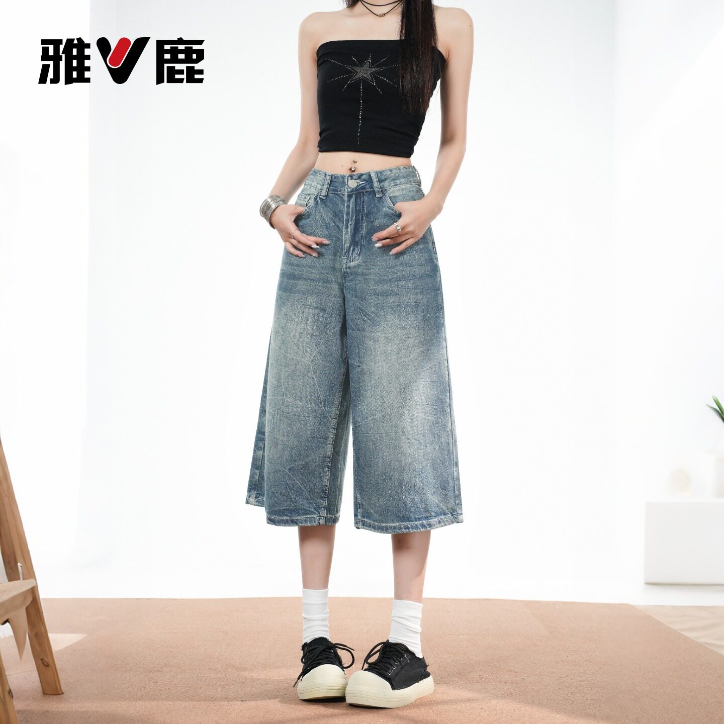 雅鹿复古阔腿七分牛仔裤女2026新款夏季美式高腰显瘦直筒中裤子Y