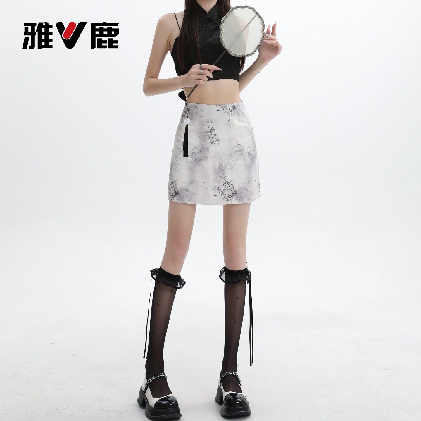 雅鹿新中式水墨印花半身裙女2024新款夏季高腰A字国风包臀短裙Y