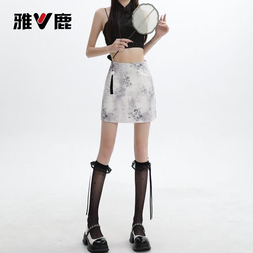 雅鹿新中式水墨印花半身裙女2024新款夏季高腰气质A字国风裙子YM