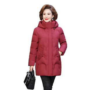 雅鹿妈妈中长款羽绒服女士冬季洋气红色加厚保暖中老年大码外套女