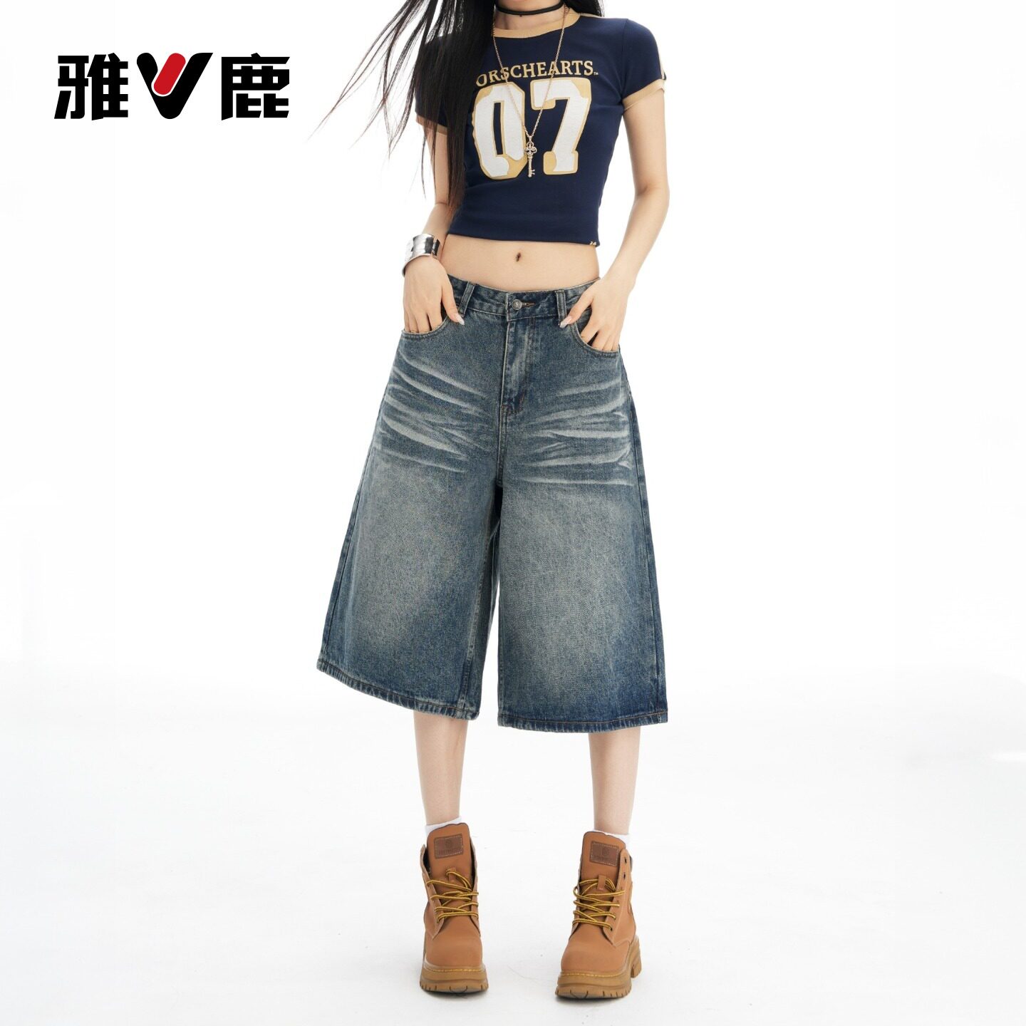 雅鹿美式复古猫须七分牛仔裤女2026新款夏季宽松显瘦阔腿中裤子Y