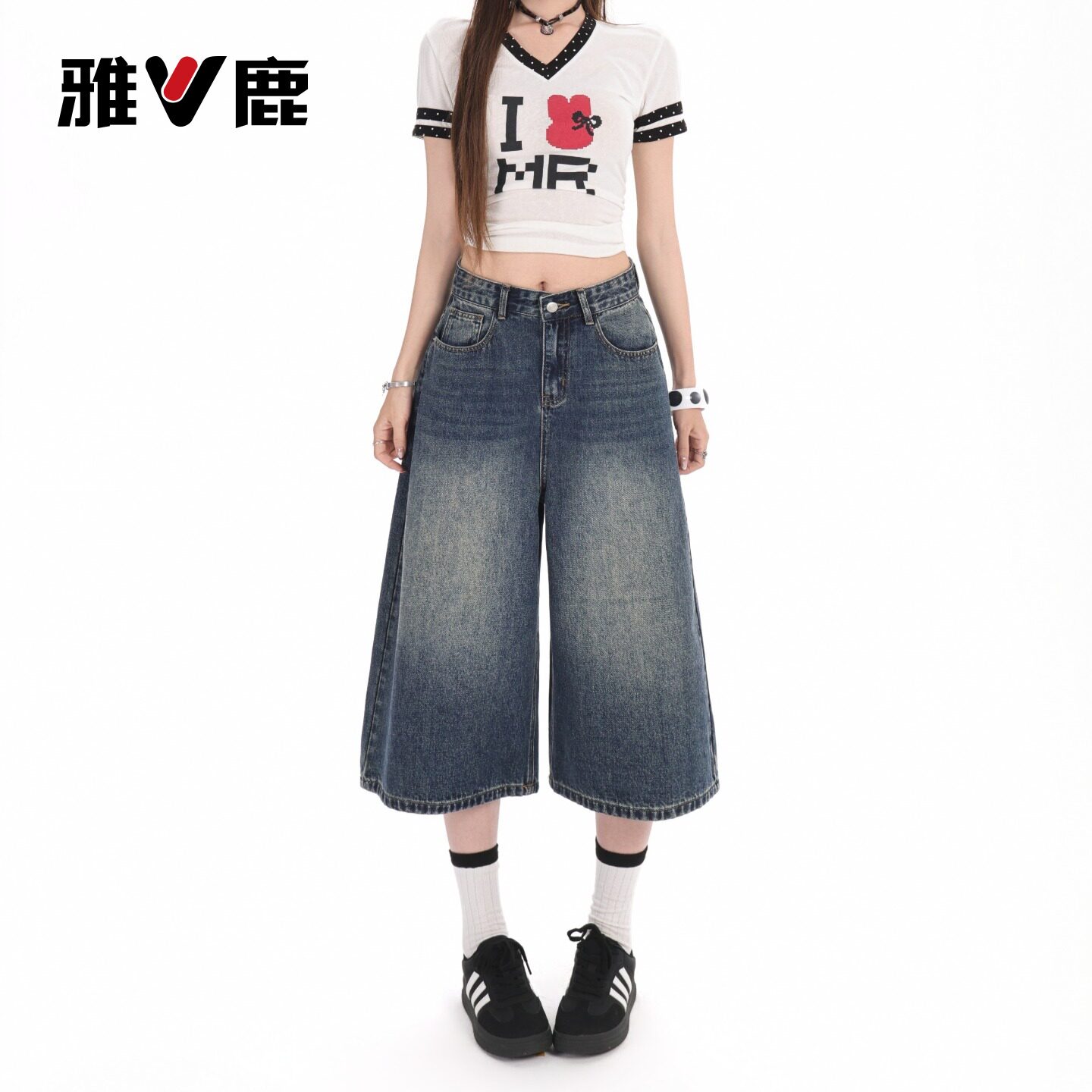 雅鹿复古深蓝阔腿七分牛仔裤女2026新款夏季小个子美式宽松短裤Y