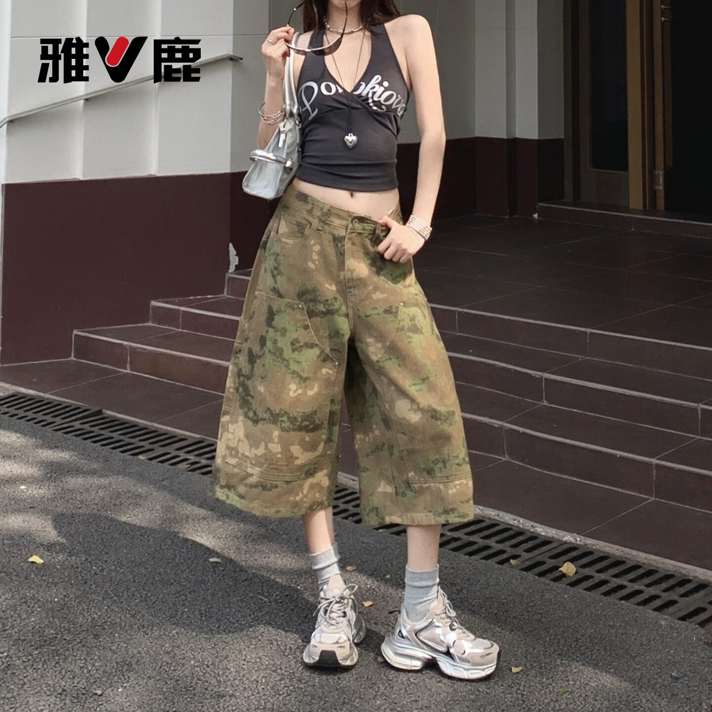 雅鹿美式迷彩工装牛仔短裤女2026新款夏季宽松显瘦阔腿七分裤子Y