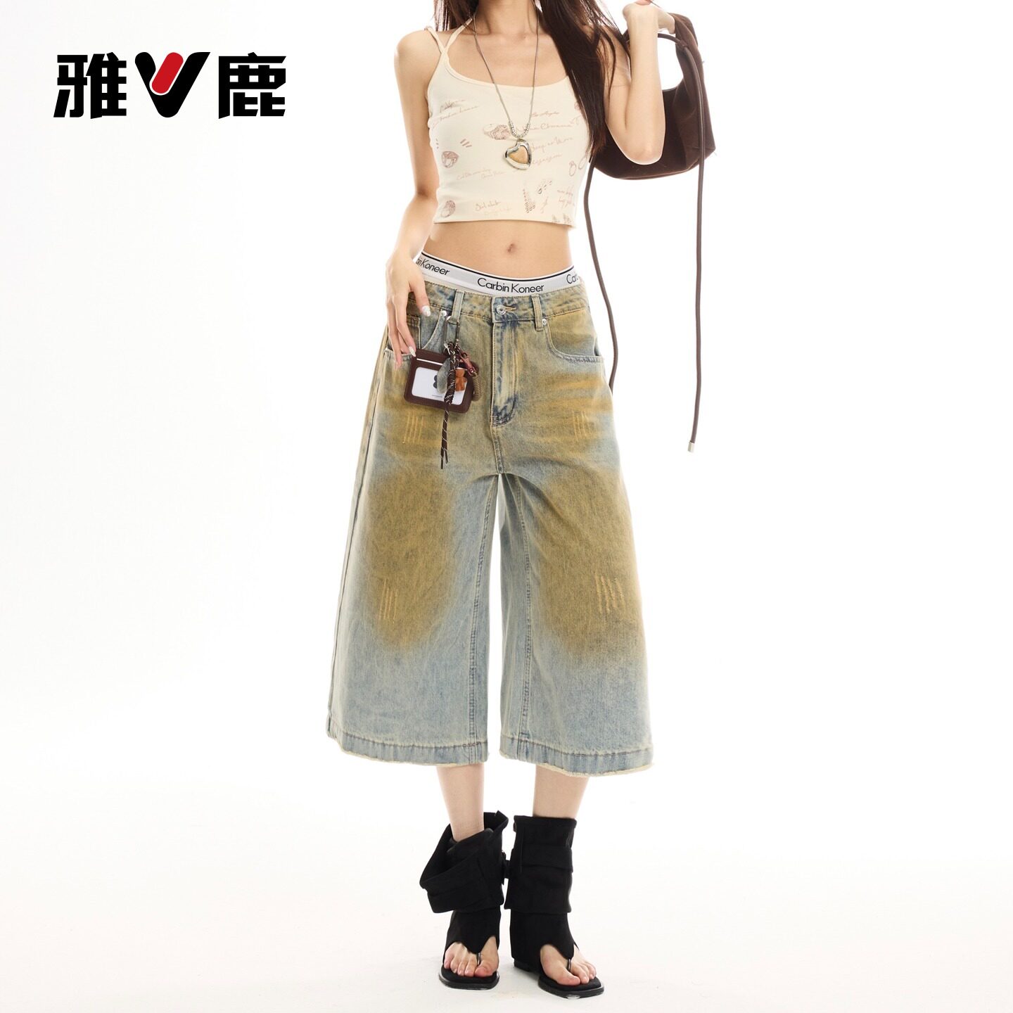 雅鹿复古阔腿七分牛仔裤女2026新款夏季高腰宽松设计感直筒中裤Y