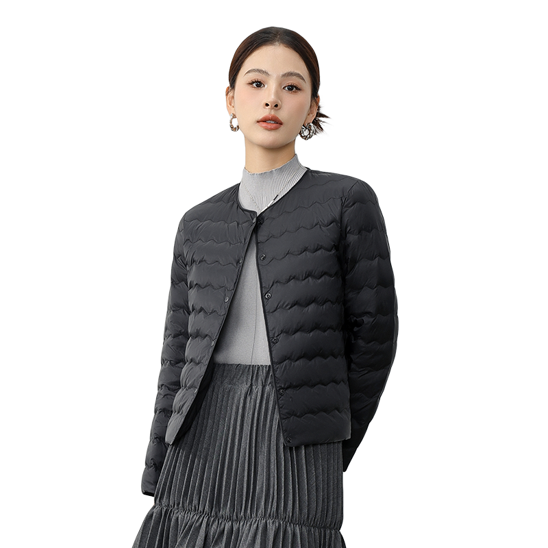 雅鹿輕薄短款羽絨服女2025開春新款波浪紋絎線圓領(lǐng)內(nèi)膽羽絨外套