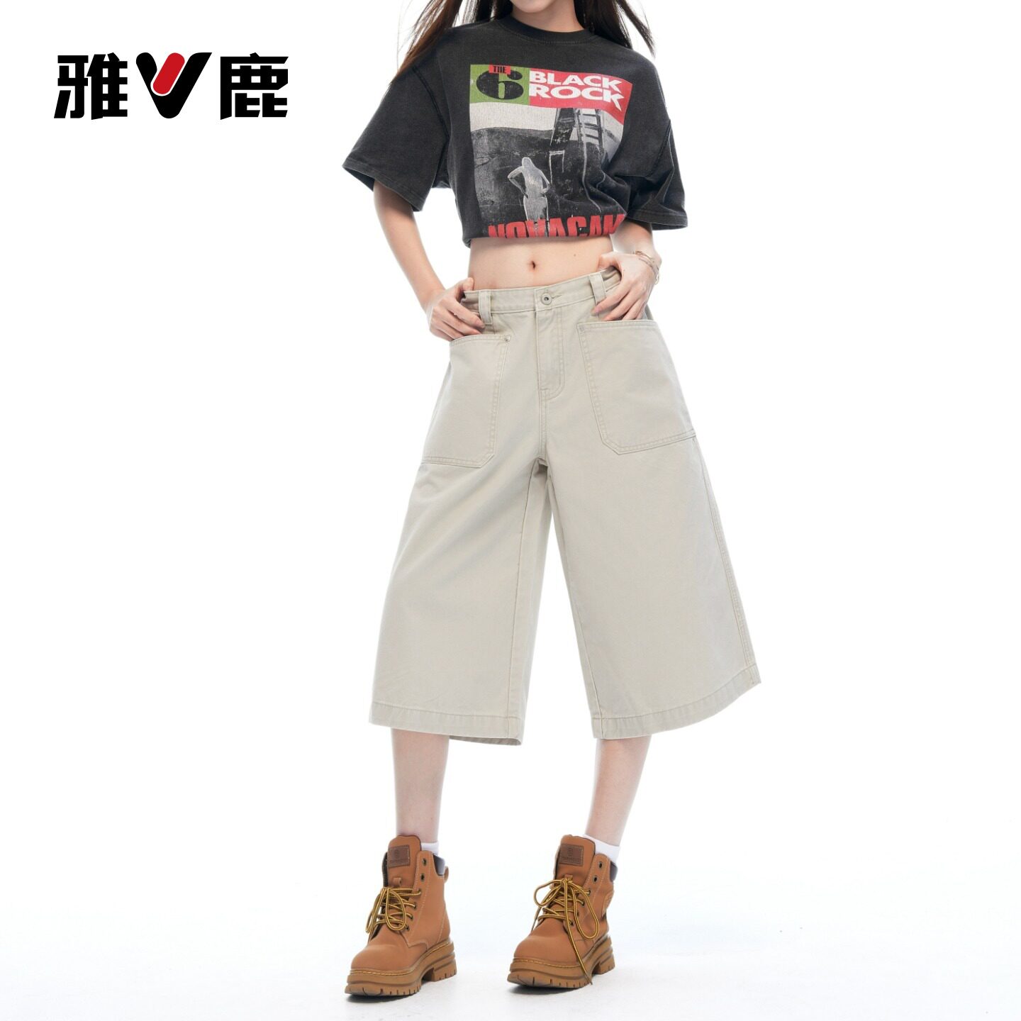 雅鹿卡其色工装七分牛仔短裤女2026夏季薄款高腰显瘦直筒中裤子Y