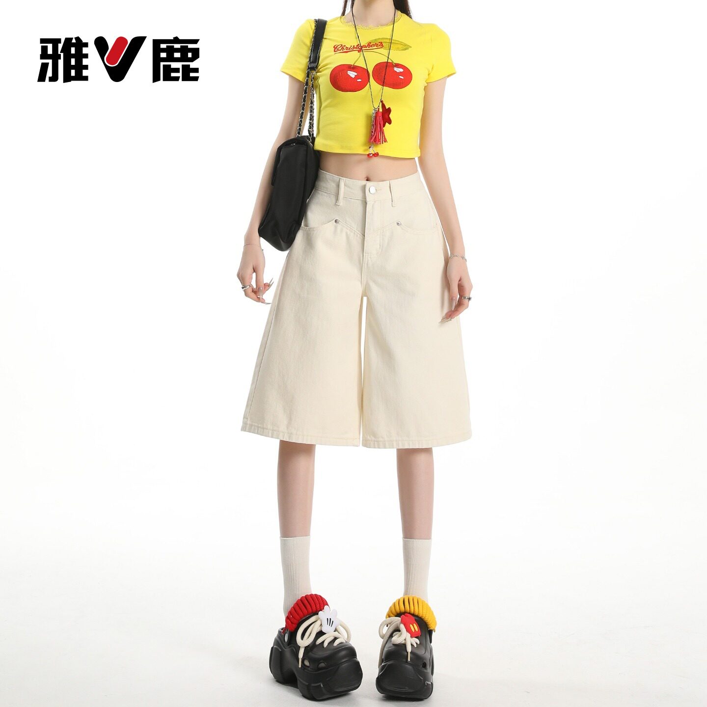 雅鹿美式阔腿七分牛仔裤女2026新款夏季小个子高腰宽松直筒中裤Y