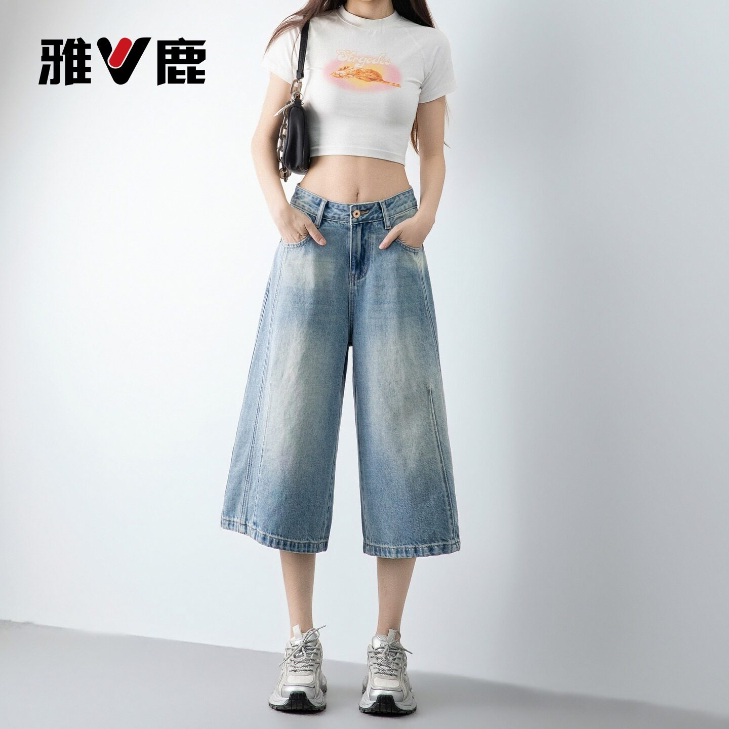 雅鹿浅色直筒七分牛仔裤女2026新款夏季小个子做旧美式阔腿中裤Y