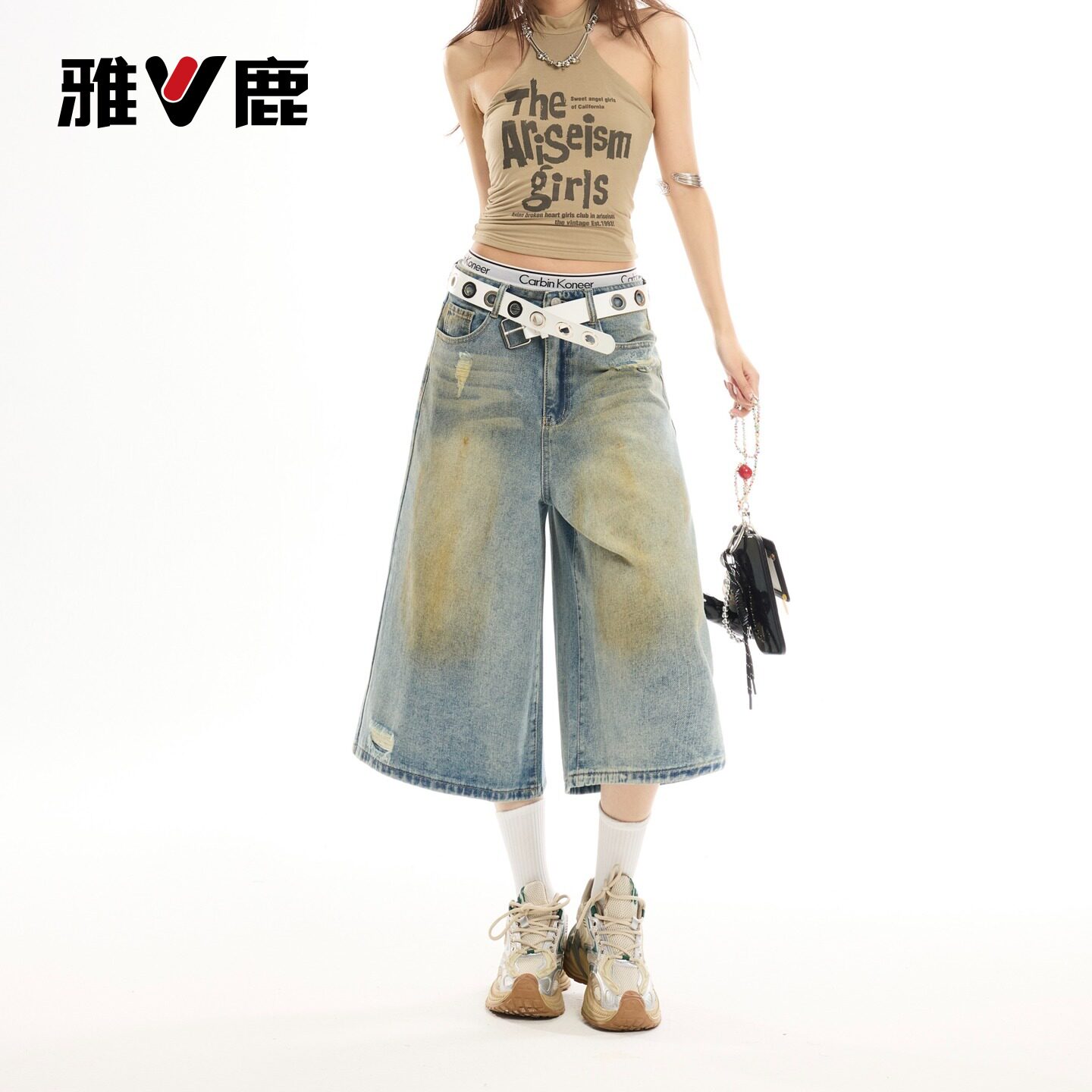 雅鹿美式做旧七分牛仔裤女2026新款夏季高腰显瘦设计感直筒中裤Y