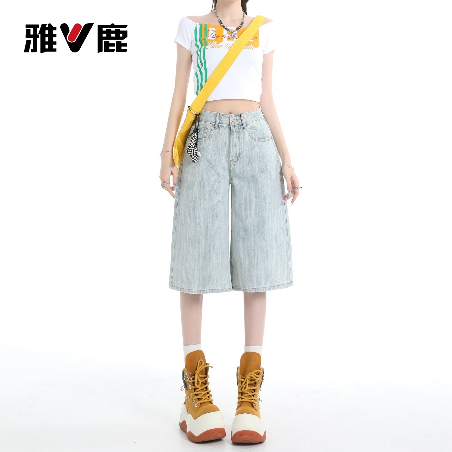 雅鹿浅蓝色七分牛仔裤女2026新款夏季竖纹高腰显瘦a字直筒中裤Y