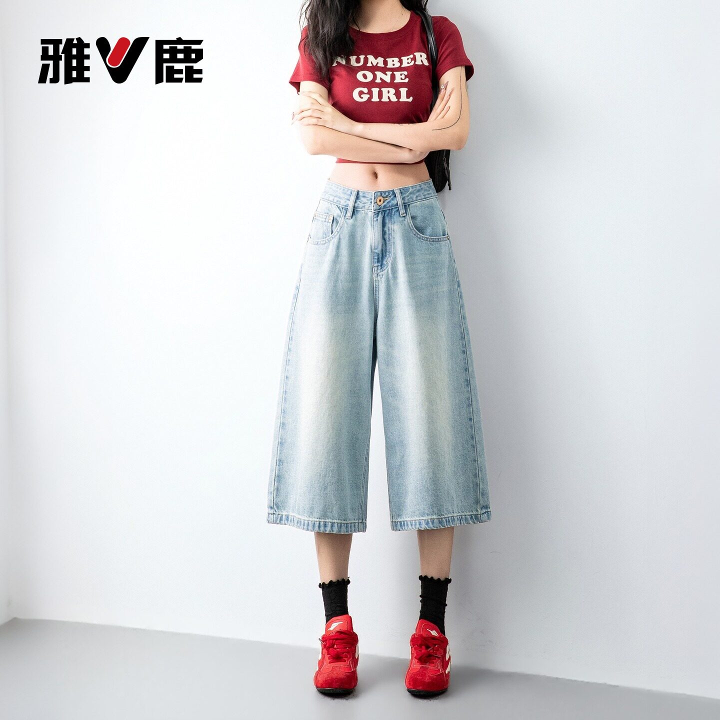 雅鹿浅色直筒七分牛仔裤女2026新款夏季小个子高腰a字阔腿中裤Y