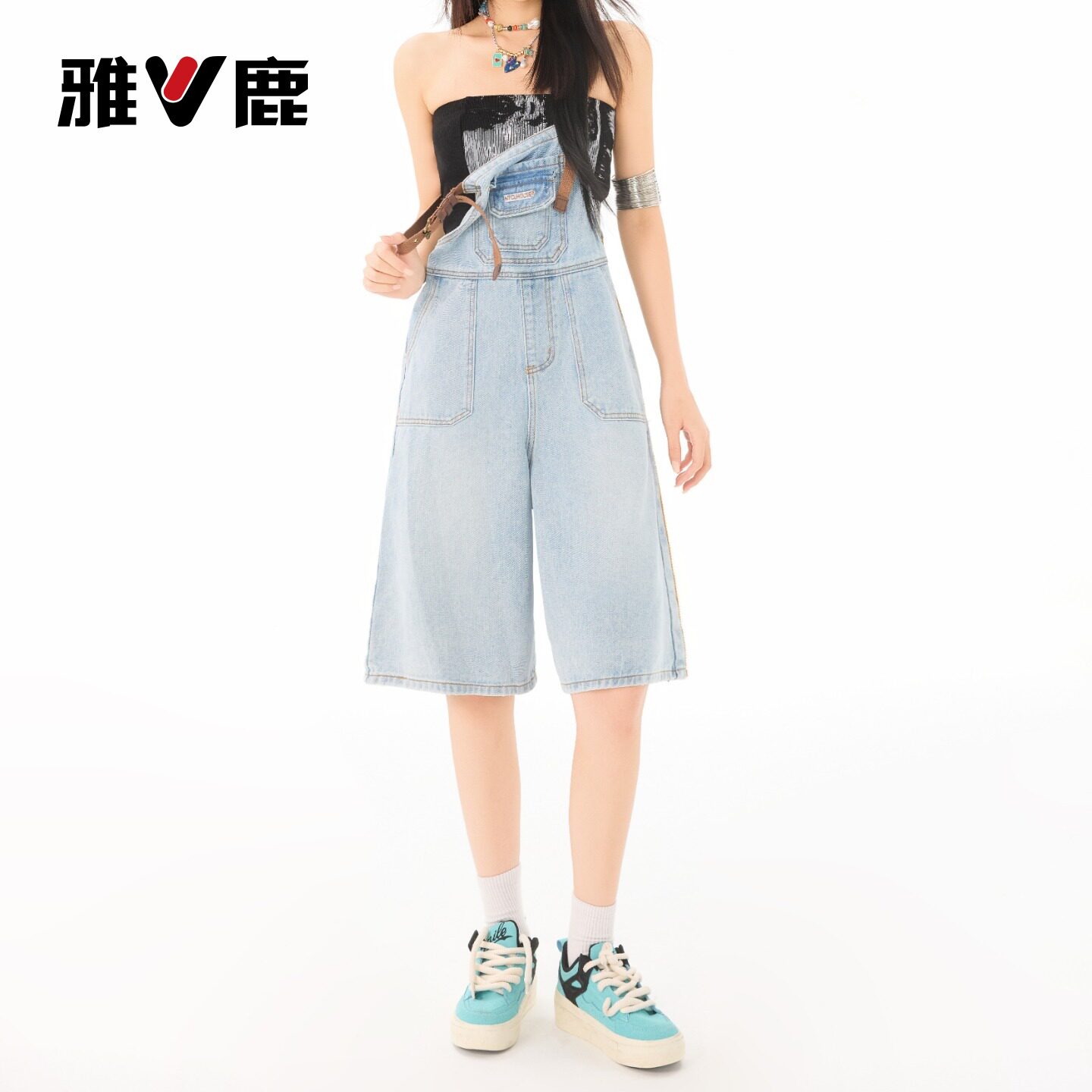雅鹿浅色七分背带牛仔裤女2026新款夏季小个子宽松a字阔腿裤子Y
