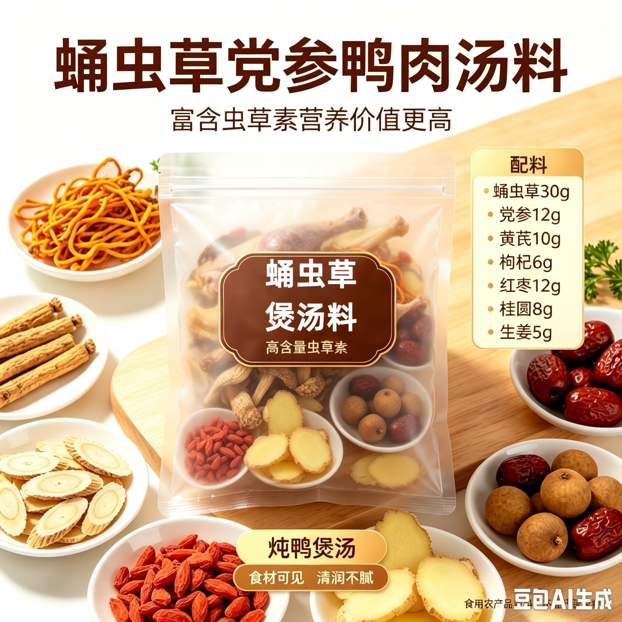 高含虫草素蛹虫草党参鸭肉汤料77克