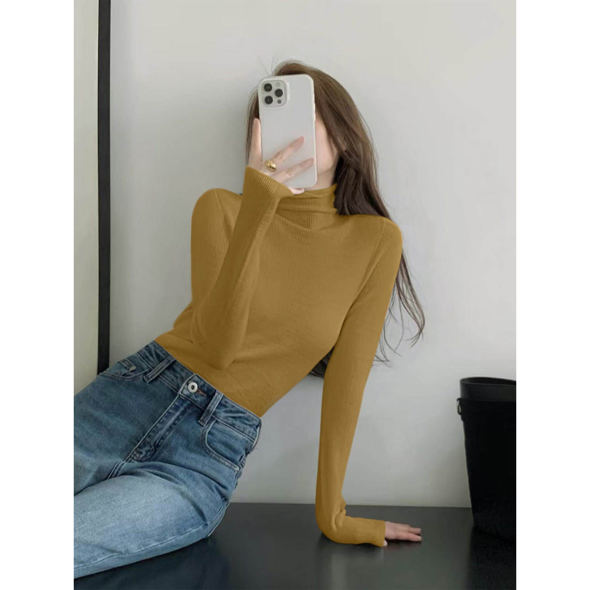 JOYIASS秋冬季修身显瘦长袖针织衫女深灰色新款设计感高领毛衣打