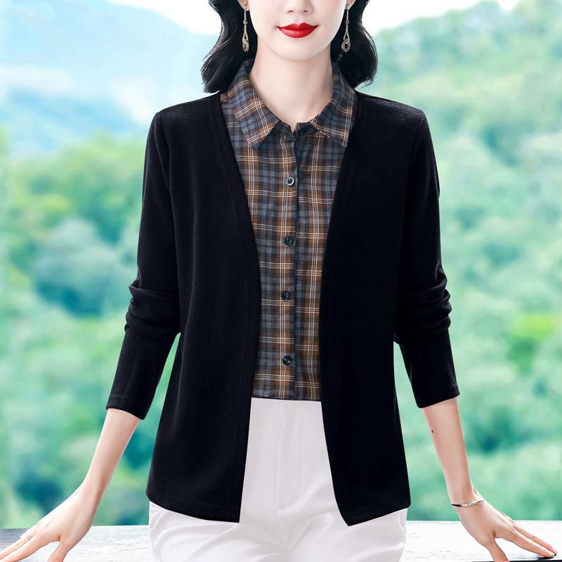JOYIASS2025秋季新款格子衬衫女拼接假两件上衣长袖气质减龄洋气