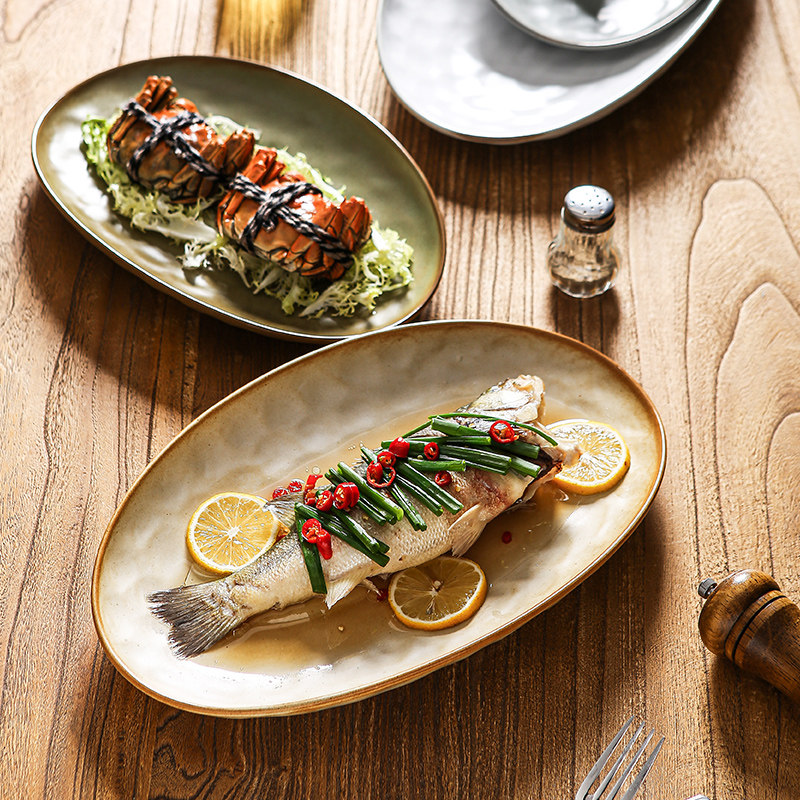 复古鱼盘陶瓷椭圆形盘子创意餐具大号家用高级感菜盘餐厅牛排餐盘,餐饮具,盘,淘宝优惠券,粉丝福利购,淘宝优惠卷