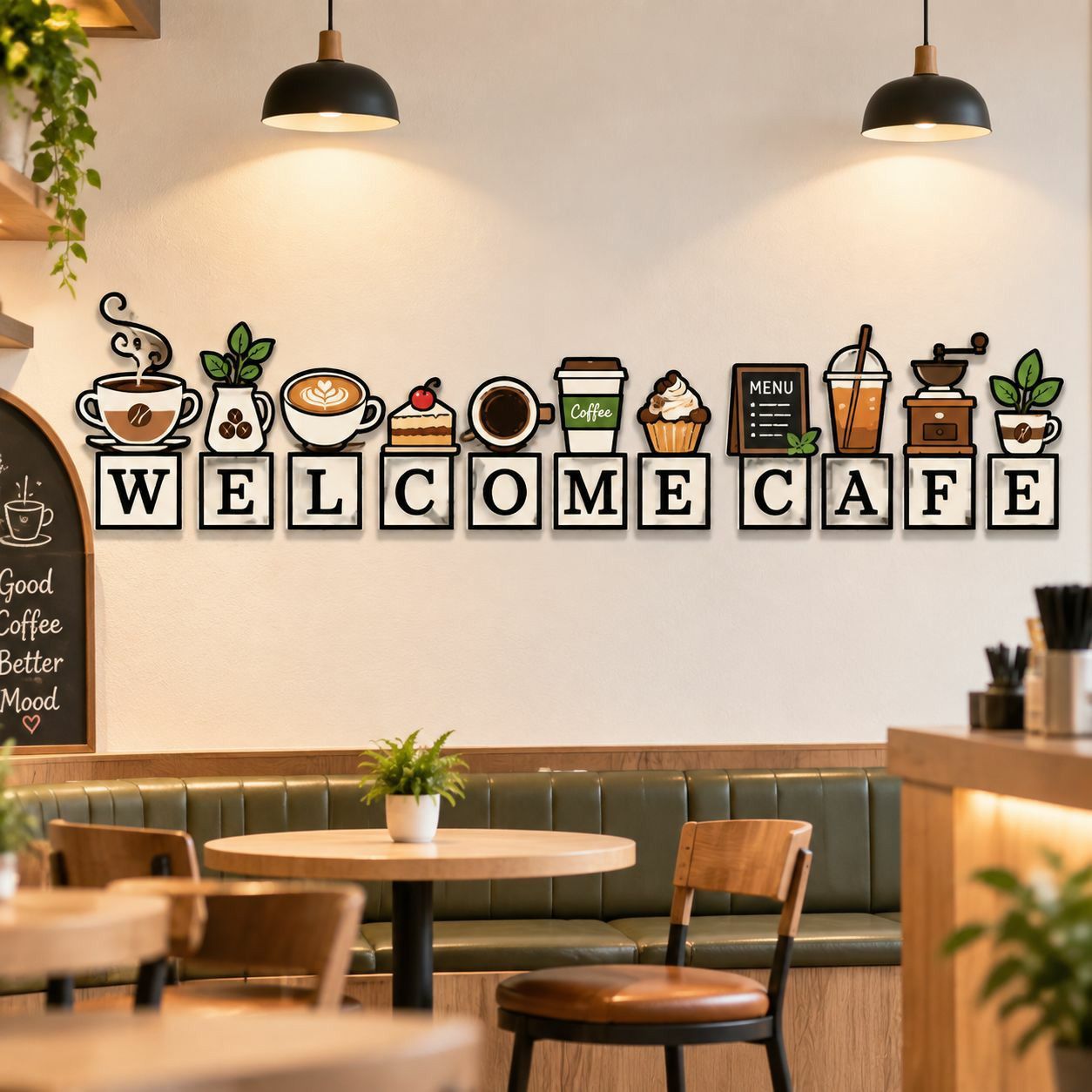 简约卡通咖啡元素墙贴 WELCOME CAFE 甜品奶茶店前台背景墙面贴画
