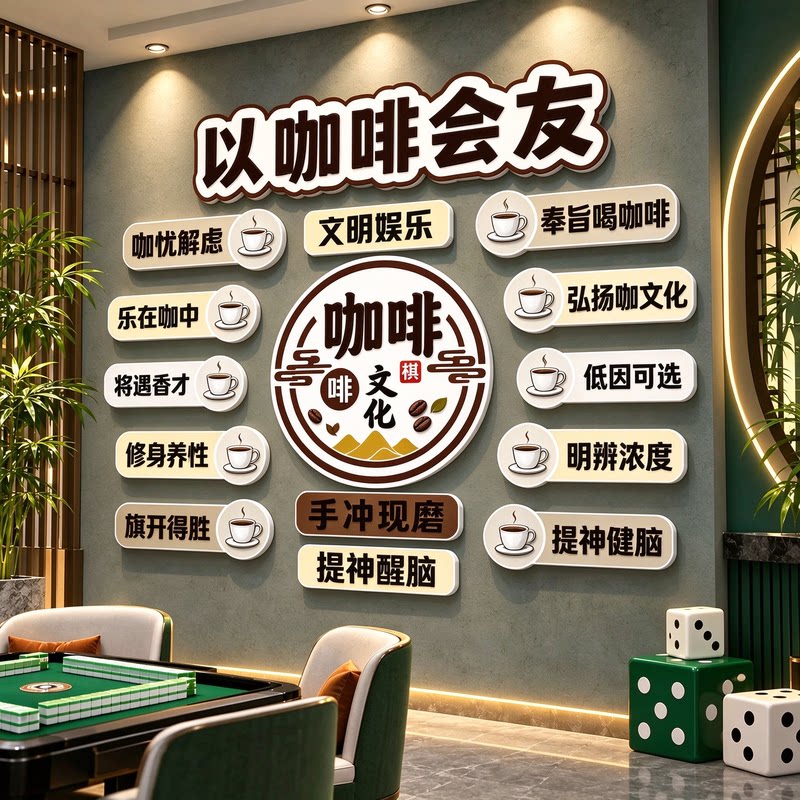 棋牌茶室咖啡文化墙贴网红国潮标语麻将馆休闲会所立体背景贴