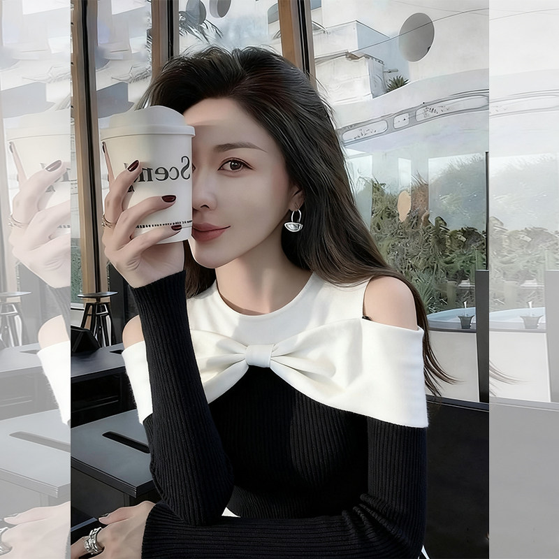 ROUMIKL黑色蝴蝶结露肩圆领坑条针织衫女秋季新款御姐风修身显瘦