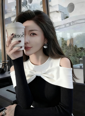 ROUMIKL黑色蝴蝶结露肩圆领坑条针织衫女秋季新款御姐风修身显瘦