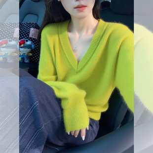 JOYIASS巨好看荧光绿色V领毛衣女秋冬2025年新款小个子精致漂亮针